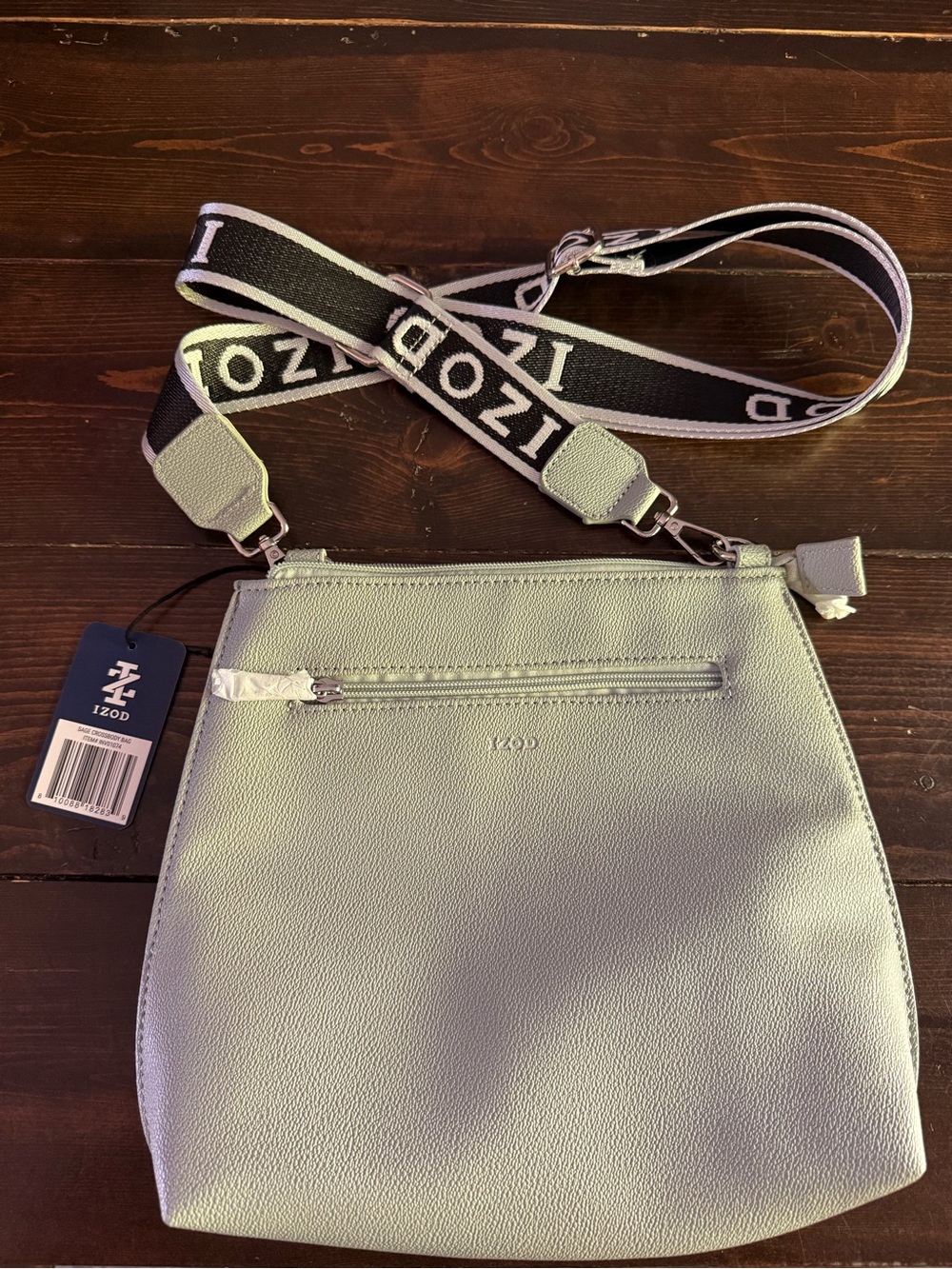 Izod Light Sage Crossbody Bag with Branded Black-White Strap